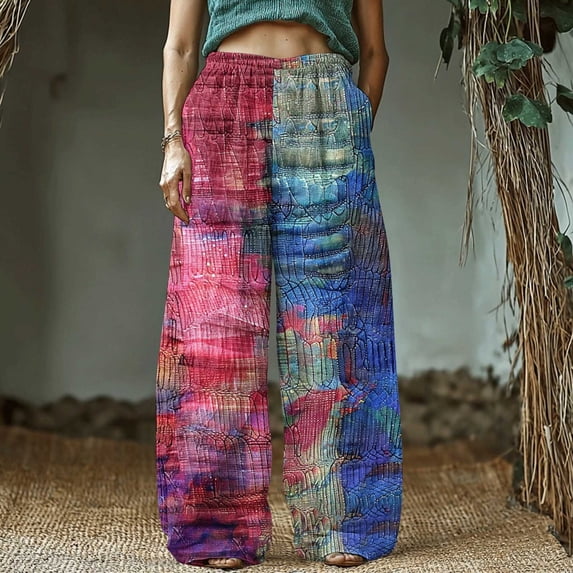 Mgmyaa Women's Vintage Boho Linen Pants Elastic Waist Casual Trousers with Pockets, Relaxed Fit Long Pants for Women