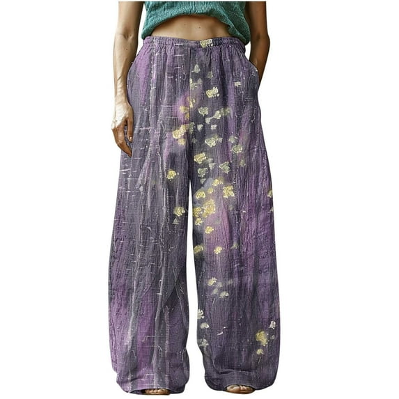 Mgmyaa Women's Vintage Boho Linen Pants Elastic Waist Casual Trousers with Pockets, Relaxed Fit Long Pants for Women