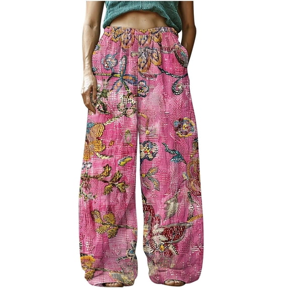 Mgmyaa Women's Vintage Boho Linen Pants Elastic Waist Casual Trousers with Pockets, Relaxed Fit Long Pants for Women