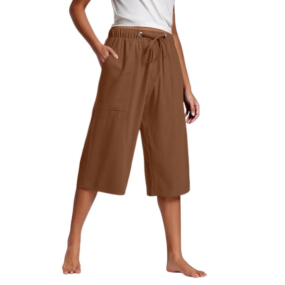 Mgmyaa Women's Wide Leg Capris Summer 3/4 Pants Flowy High Waisted Loose Casual Lounge Pant Palazzo Capris with Pockets