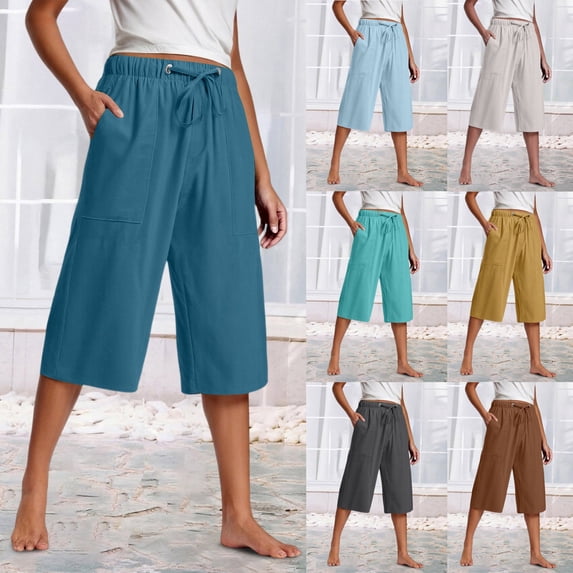 Mgmyaa Women's Summer Casual Cotton Linen Drawstring Elastic Waist Wide Leg Cropped Pants with Pockets