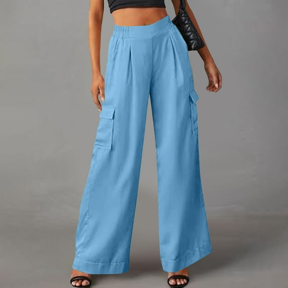 Mgmyaa Women's Wide Leg Pants High Elastic Waist Office Work Trousers Pockets Stretch Comfort Cargo Pants