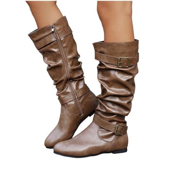 Mgmyaa Women's Winter Boots Fashion Casual Versatile Leather Side Zipper Flat Heel Knee-High Boots