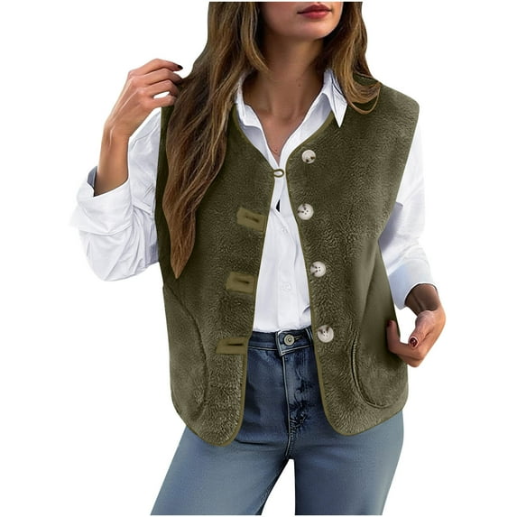 Mgmyaa Women's Winter Vest Sleeveless Fleece Jacket Button Pockets Outerwear Coat