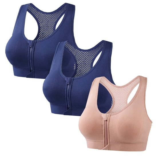 Mgmyaa Women's Wireless Sport Bra Push-Up Without Underwire Front Zip Racerback Active Fit Soft Solid Color Back Gathered Sports Bra 3-Pack for Workout