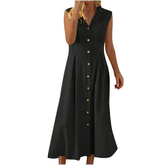 Mgmyaa Women's and Women's Plus Casual Sleeveless Shirt Dress Button Down V Neck Tiered Collared Flowy Maxi Dress