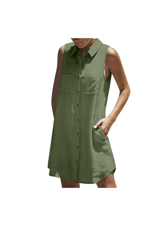 Womens Button Down Shirt Dress Collared Sleeveless Tank Dress Tunic Dresses with Pockets
