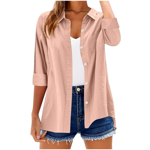 Mgmyaa Womens Button Down Shirts 3/4 Sleeve Collared Beach Shirt Casual Tops