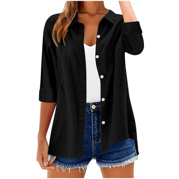Mgmyaa Womens Button Down Shirts 3/4 Sleeve Collared Beach Shirt Casual Tops