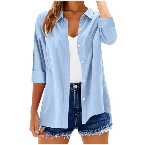 Mgmyaa Womens Button Down Shirts 3/4 Sleeve Collared Beach Shirt Casual Tops
