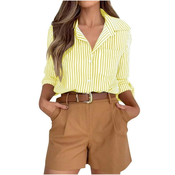 Mgmyaa Womens Button Down Shirts Casual Long Sleeve Dress Shirt Vertical Stripes Collared Summer Work Blouse Tops with Pockets