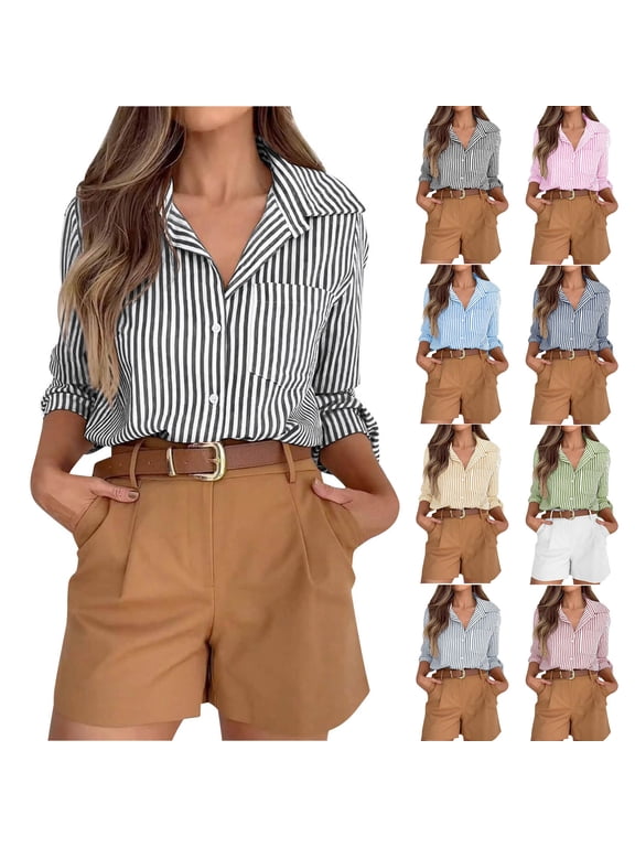 Women Striped Button Down Shirt Long Sleeve Collared Office Work Blouse with Pocket