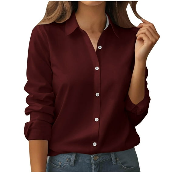 Mgmyaa Womens Button Down Shirts Solid Dress Shirts Long Sleeve Flowy Collared Work Office Business Blouses Lightweight Tops