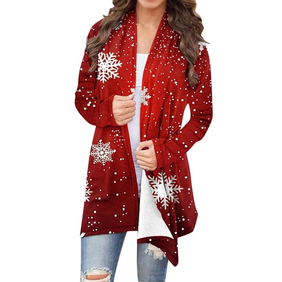 Mgmyaa Womens Casual Long Sleeve Christmas Print Cardigan Oversized Mid Length Top
