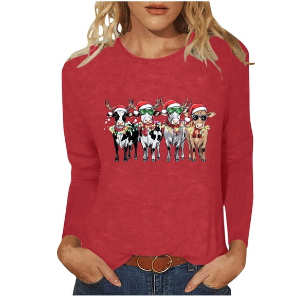 Mgmyaa Womens Christmas Print Long Sleeve Shirt Round Neck Graphic Tees Casual T-Shirts