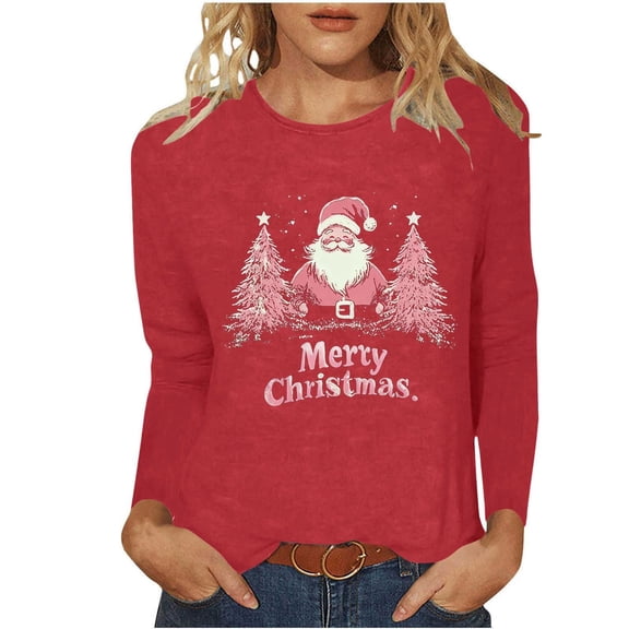 Mgmyaa Womens Christmas Print Long Sleeve Shirt Round Neck Graphic Tees Casual T-Shirts