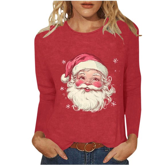 Mgmyaa Womens Christmas Print Long Sleeve Shirt Round Neck Graphic Tees Casual T-Shirts