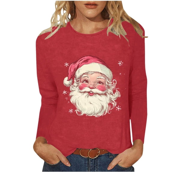 Mgmyaa Womens Christmas Print Long Sleeve Shirt Round Neck Graphic Tees Casual T-Shirts