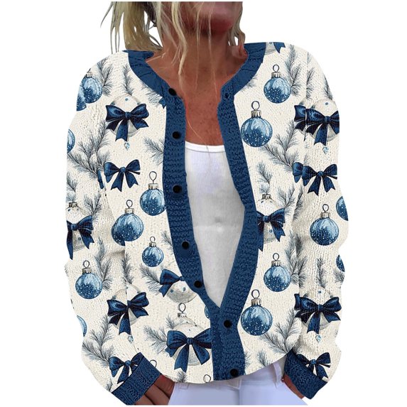 Mgmyaa Womens Christmas Printed Knitted Cardigan Button Up Long Sleeve Sweater Jacket Fall Winter Casual Holiday Wear