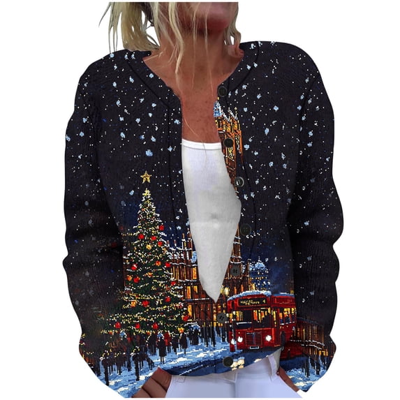 Mgmyaa Womens Christmas Printed Knitted Cardigan Button Up Long Sleeve Sweater Jacket Fall Winter Casual Holiday Wear