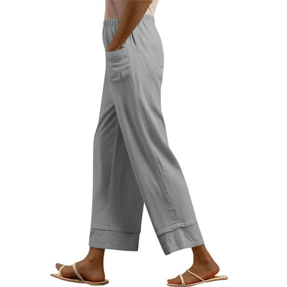 Mgmyaa Womens Cotton Linen Cropped Pants Loose Fit Wide Leg Capris Casual Plus Size Elastic Waist 7/8th Relaxed Trousers