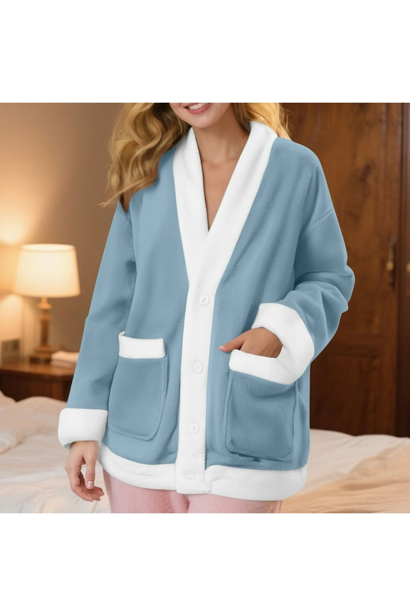 Womens Flannel Long Sleeve Pajama Cardigan, Thermal Warm Thickened Sleepwear Robe for Winter 2025 Fashion, Cozy Comfortable Home Loungewear Top for Cold Nightwear