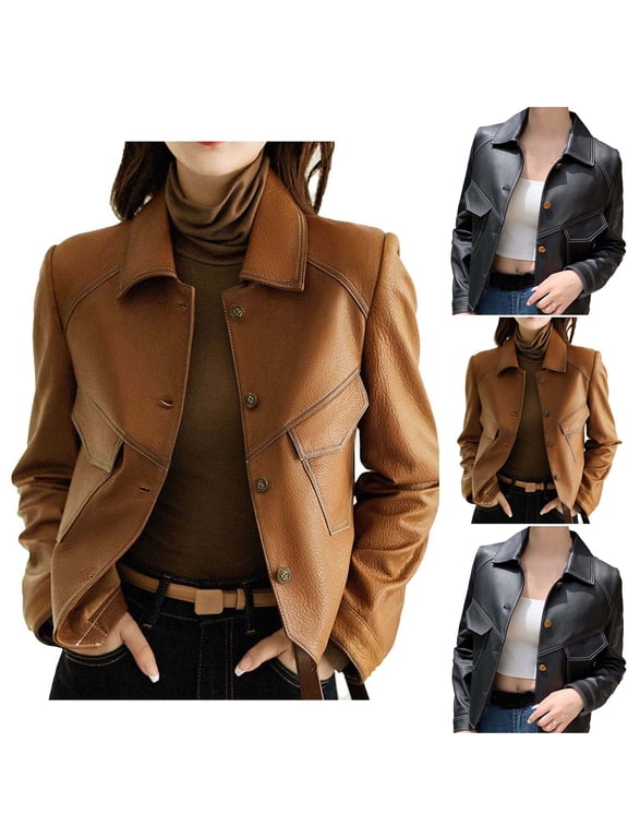 Womens Jackets Faux Leather Moto Jacket Short Slim Fit Button Down Long Sleeve Biker Coat