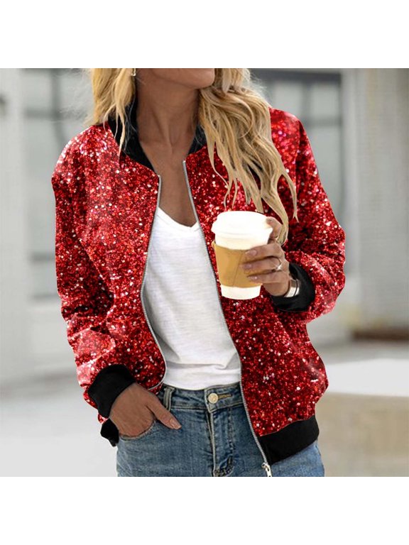 Womens Jackets Sequin Bomber Jacket Zip Up Baseball Collar Long Sleeve Casual Party Coat