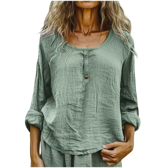 Mgmyaa Womens Lightweight Tops Cotton Linen T Shirts Crew Neck Long Sleeve Loose Fit Shirts Casual Beach Blouses