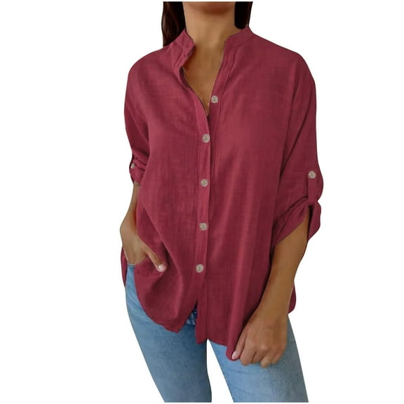 Mgmyaa Womens Long Sleeve Shirts V Neck Collared Button Down Shirt Band Collar Casual Tops