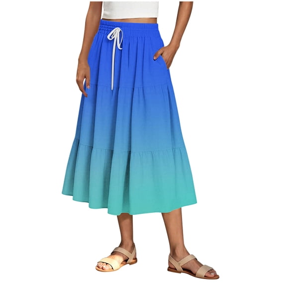 Mgmyaa Womens Maxi Skirt Casual Comfy Gradient Color A-Line Elastic Waist Long Skirts