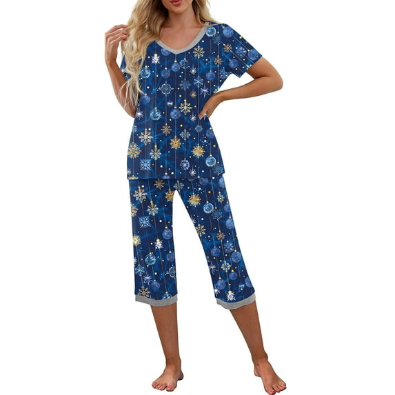Mgmyaa Womens Pajamas Set Short Sleeve V-Neck Top Cropped Pants Casual Sleepwear with Pockets Home Clothes Comfortable 2 Piece Nightwear