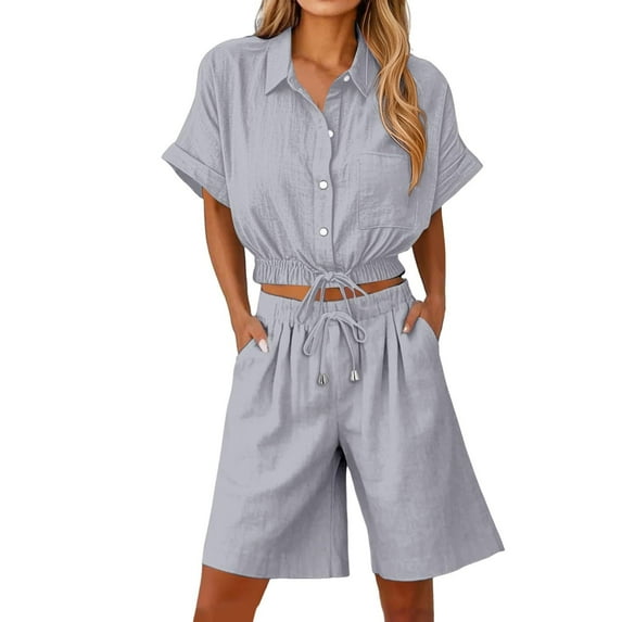 Mgmyaa Womens Sets 2 Piece Croped Button Down Short Sleeve Shirt and Bermuda Shorts Set Summer Beach Outfits Sets
