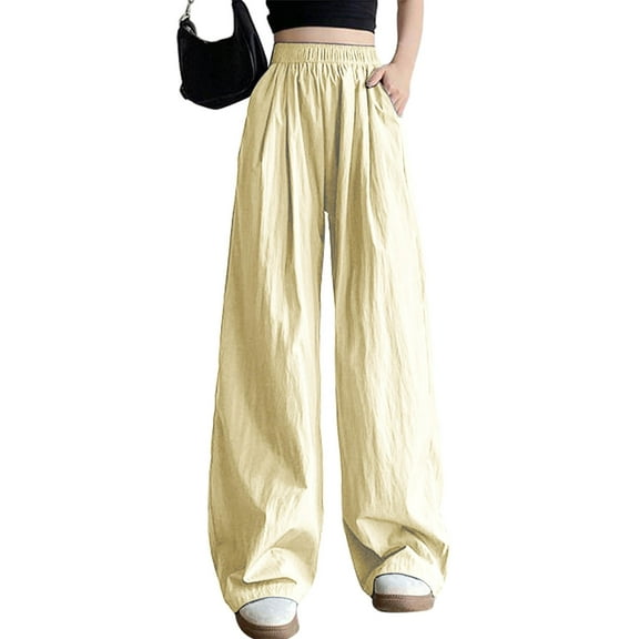Mgmyaa Womens Summer Lightweight Pants Thin Casual Comfortable Ice Silk Side Pockets Wide Leg Pants Elastic Waist Palazzo Long Pants