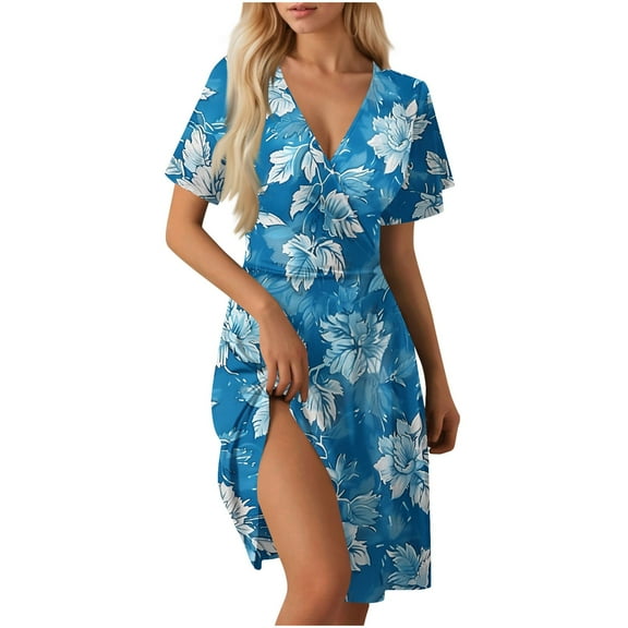 Mgmyaa Womens Summer Midi Dresses Casual V-Neck Short Sleeve Tunic Dress Split Beach Sundress Travel Vacation Dress