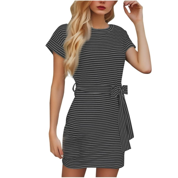 Mgmyaa Womens Summer Short Sleeve Striped T Shirt Dresses Casual Mini Dresses Crewneck Tie Waist Travel Dress