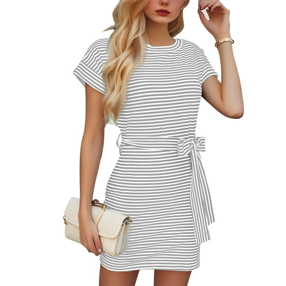 Mgmyaa Womens Summer Short Sleeve Striped T Shirt Dresses Casual Mini Dresses Crewneck Tie Waist Travel Dress