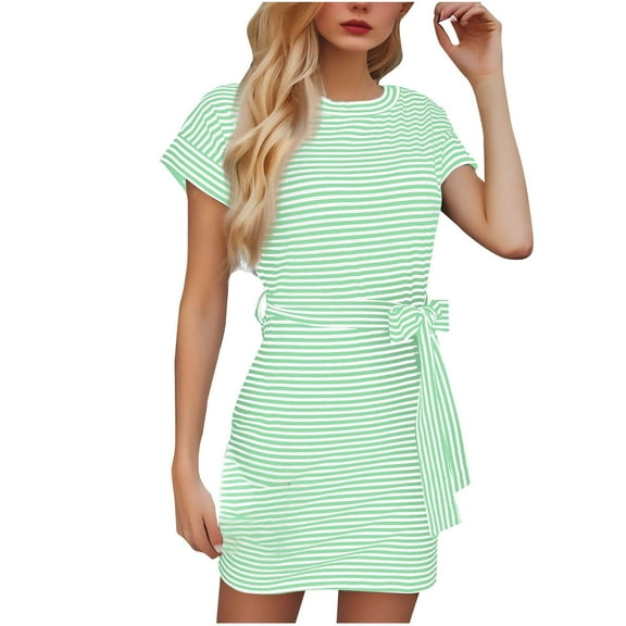 Mgmyaa Womens Summer Short Sleeve Striped T Shirt Dresses Casual Mini Dresses Crewneck Tie Waist Travel Dress