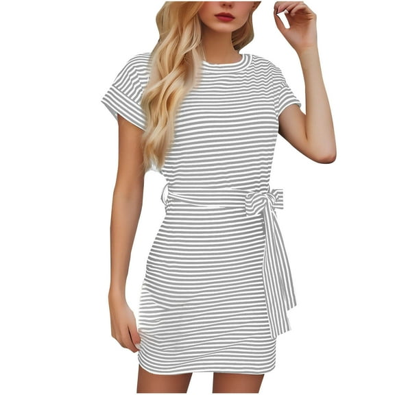 Mgmyaa Womens Summer Short Sleeve Striped T Shirt Dresses Casual Mini Dresses Crewneck Tie Waist Travel Dress