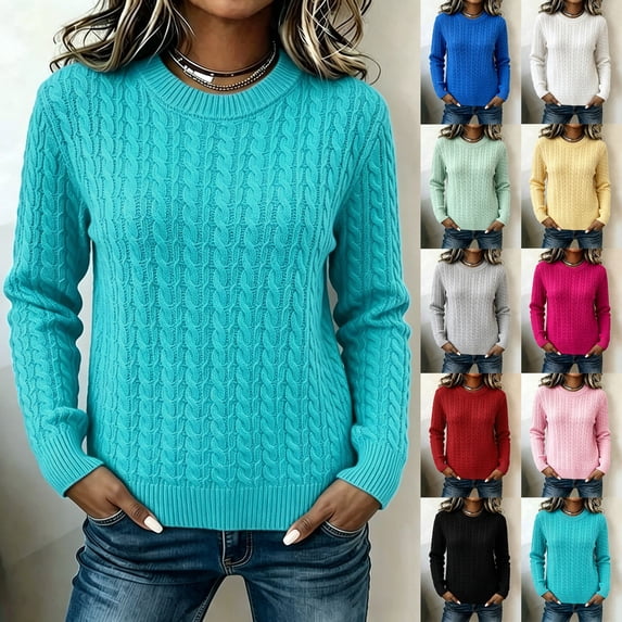 Mgmyaa Womens Sweaters Round Neck Cable Knit Long Sleeve Pullover Top