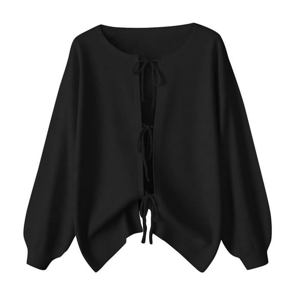 Mgmyaa Womens Sweaters Solid Color Drawstring Crew Neck Thin Tie Front Jacket