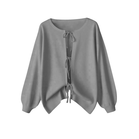 Mgmyaa Womens Sweaters Solid Color Drawstring Crew Neck Thin Tie Front Jacket