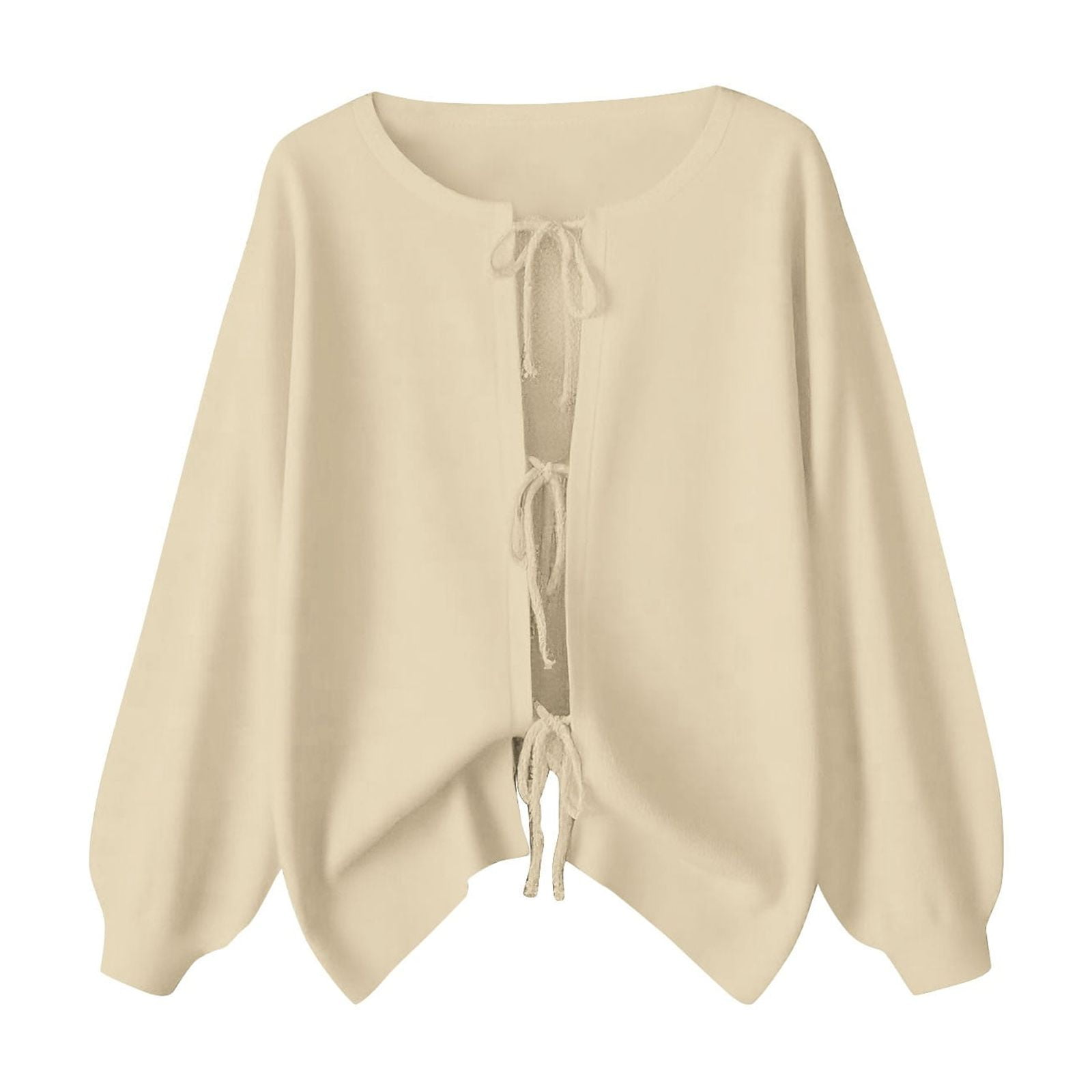 Womens Sweaters Solid Color Drawstring Crew Neck Thin Tie Front Jacket