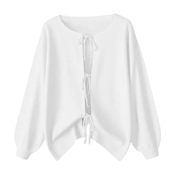 Mgmyaa Womens Sweaters Solid Color Drawstring Crew Neck Thin Tie Front Jacket