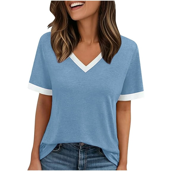 Mgmyaa Womens T Shirts Color Block Short Sleeve V Neck Loose Casual Summer Tops