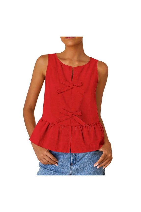 Womens Tie Front Peplum Tops Bow Sleeveless Babydoll Dressy Blouse Summer Trendy Tank Tops Cute Casual