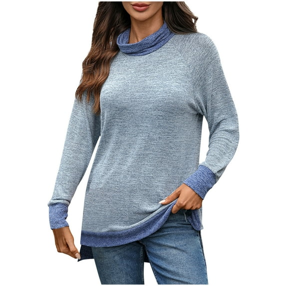 Mgmyaa Womens Turtleneck T Shirt Long Sleeve High-Low T-shirt Loose Casual Color Blocking High Neck Tops