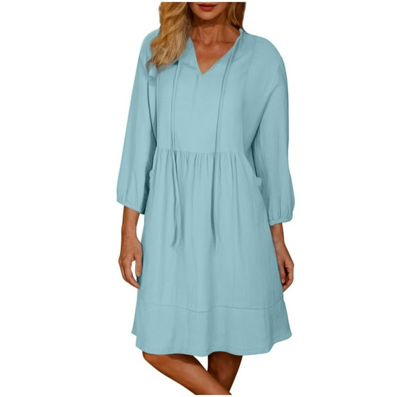 Mgmyaa Womens V Neck Casual Dresses 3/4 Sleeve Loose Shift Tunic Smock Summer Dresses Vacation Dress with Pockets