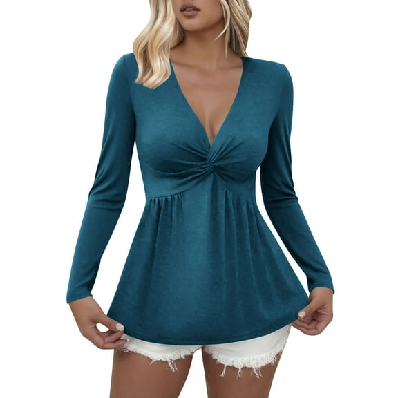 Mgmyaa Womens V-Neck Long Sleeve T-Shirt with Front Gathered Detail, Casual Kink Tops, Comfortable Stretch Blouse