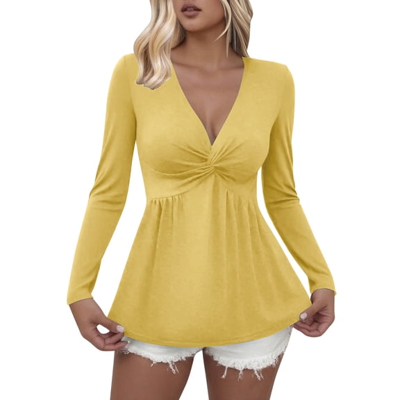 Mgmyaa Womens V-Neck Long Sleeve T-Shirt with Front Gathered Detail, Casual Kink Tops, Comfortable Stretch Blouse